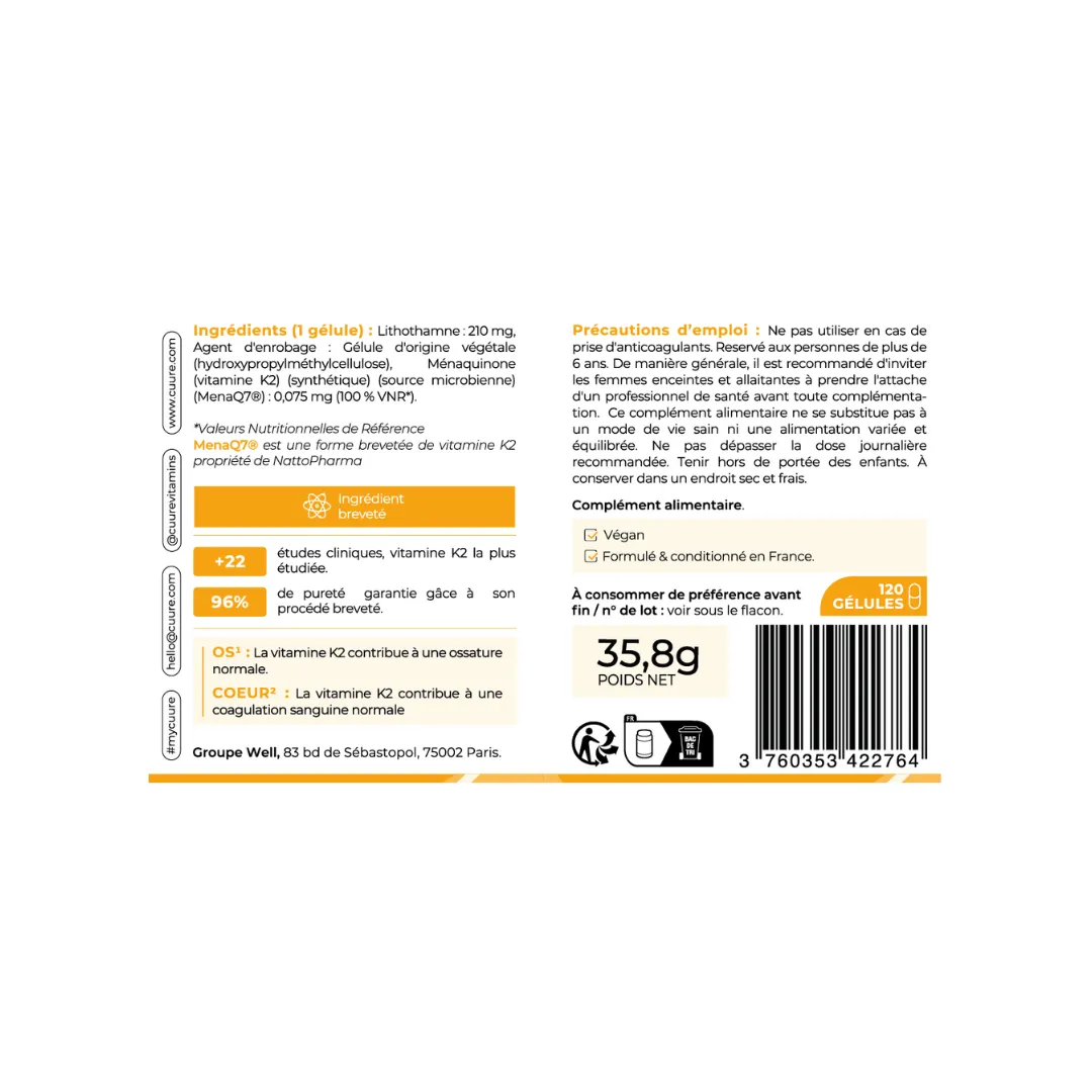 Etiqueta e informacion nutricional Vitamina K2