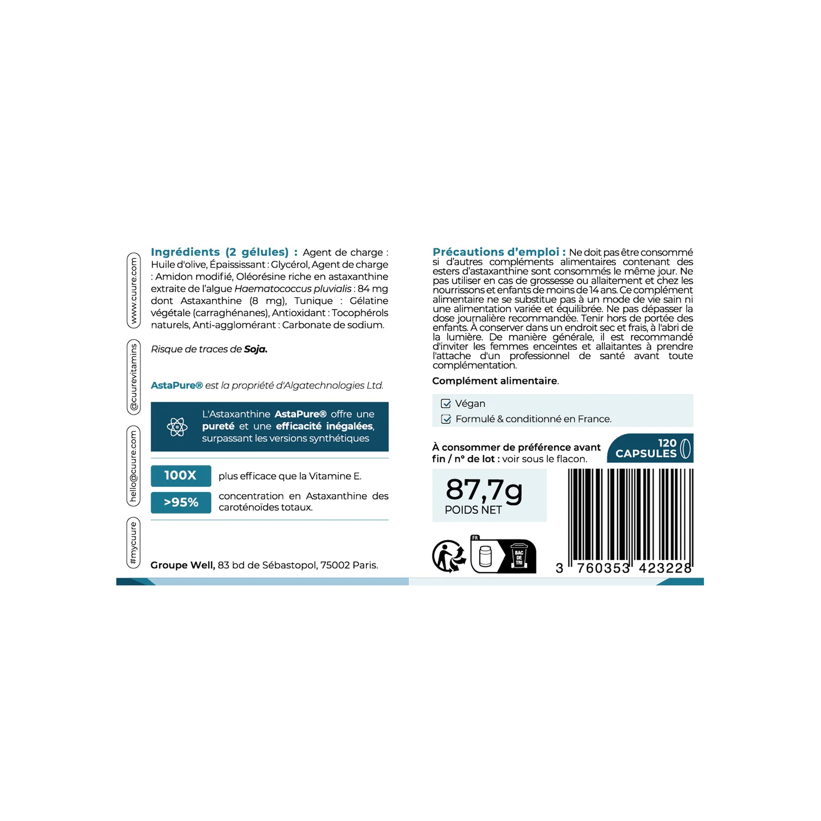 Étiquette et notice de l'Astaxanthine