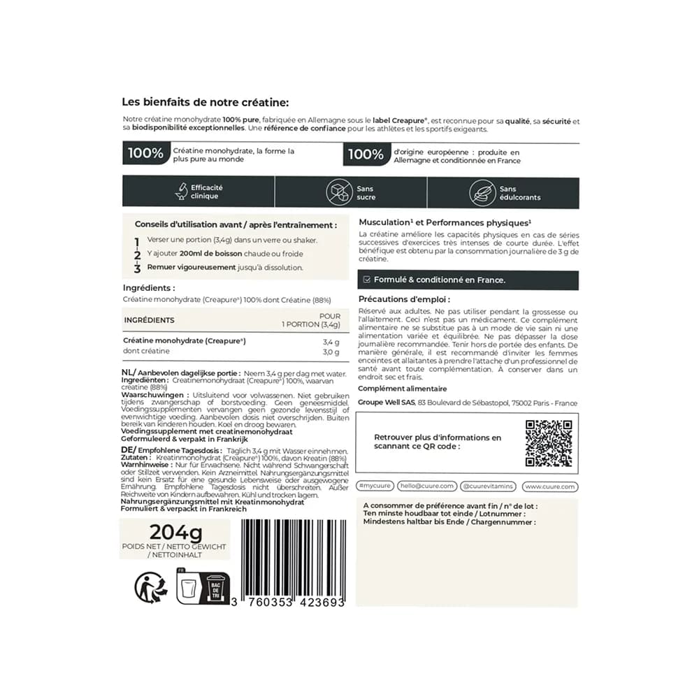 Créatine Creapure® étiquette et composition
