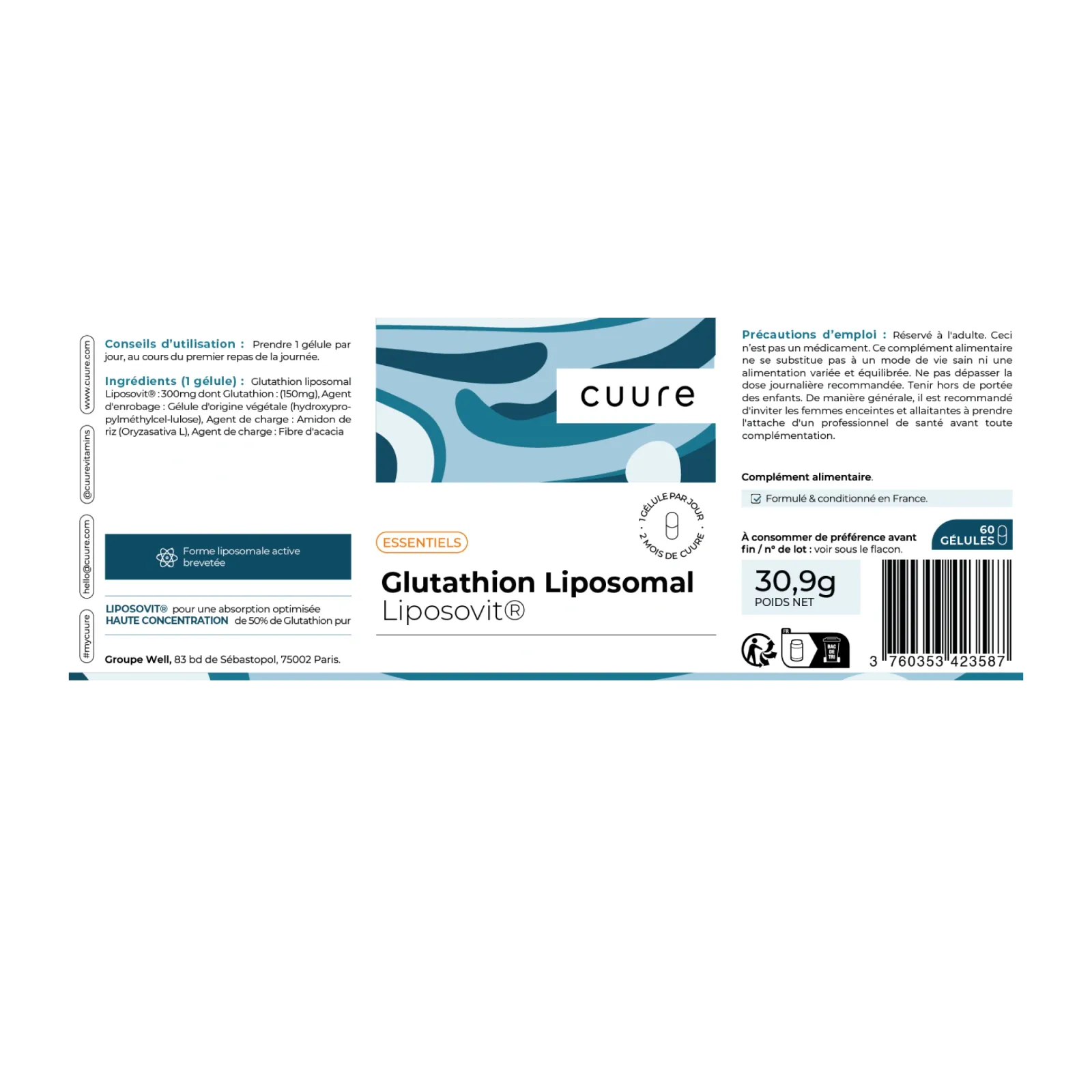 Étiquette et notice du Glutathion Liposomal