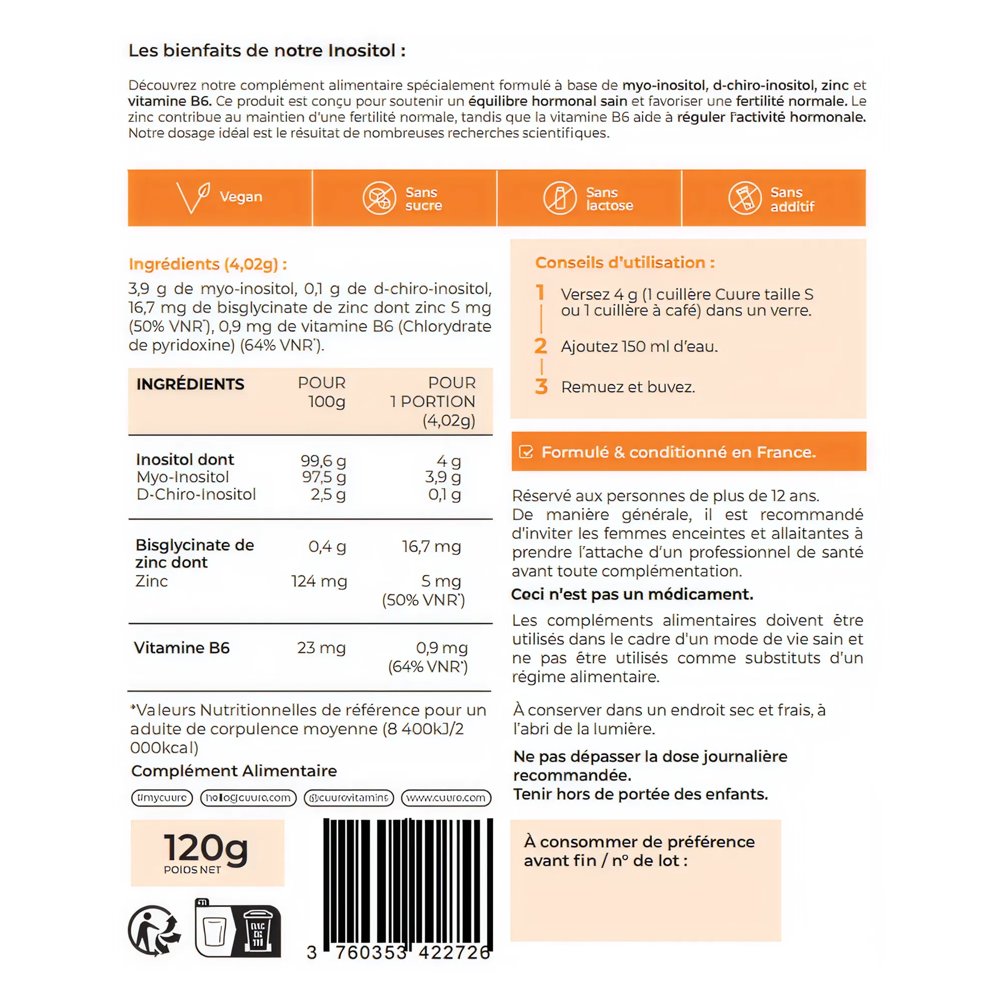 Inositol Cuure, etiqueta