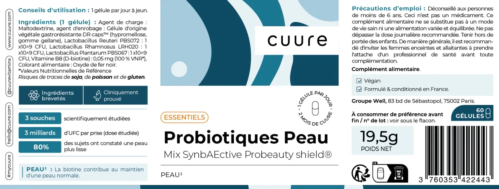 Étiquette des Probiotiques Peau Cuure